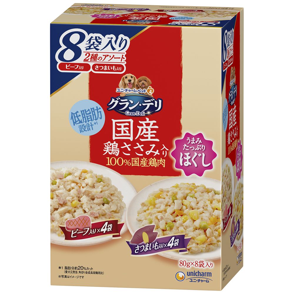 （まとめ買い）ユニ・チャーム グラン・デリ 国産鶏ささみパウチ ほぐし 成犬用 ビーフ入り＆さつまいも入り 80g×8袋 犬用フード 〔×6〕