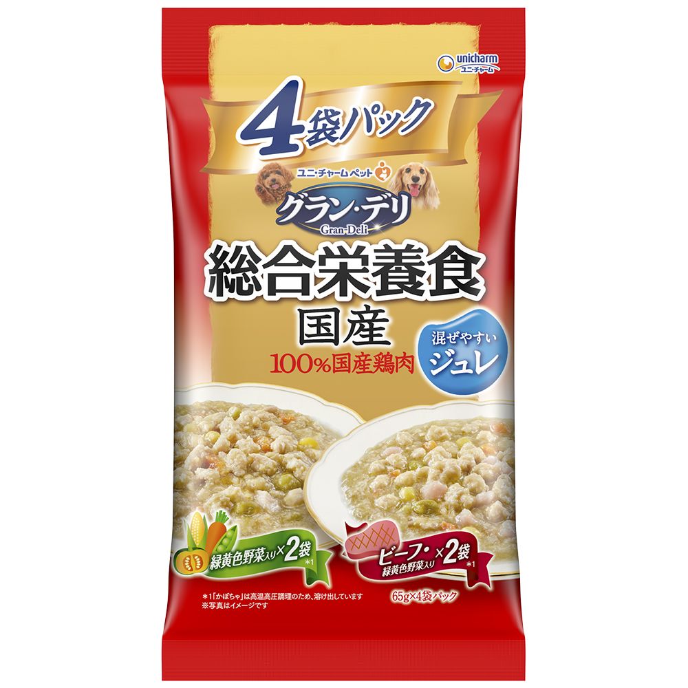 ユニ・チャーム グラン・デリ 総合栄養食国産パウチ ジュレ成犬用緑黄色野菜入り×ビーフ入り 65g×4袋 犬用フード