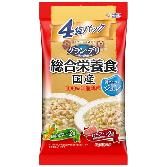 （まとめ買い）ユニ・チャーム グラン・デリ 総合栄養食国産パウチ ジュレ成犬用緑黄色野菜入り×ビーフ入り 65g×4袋 犬用フード 〔×10〕