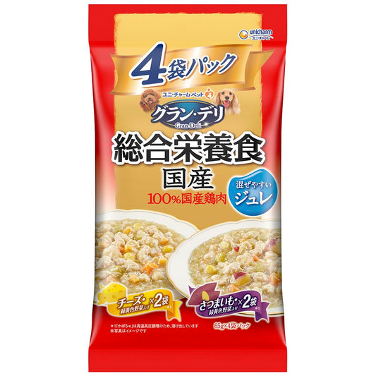 （まとめ買い）ユニ・チャーム グラン・デリ 総合栄養食国産パウチ ジュレ成犬用さつまいも入り×チーズ入り 65g×4袋 犬用フード 〔×10〕