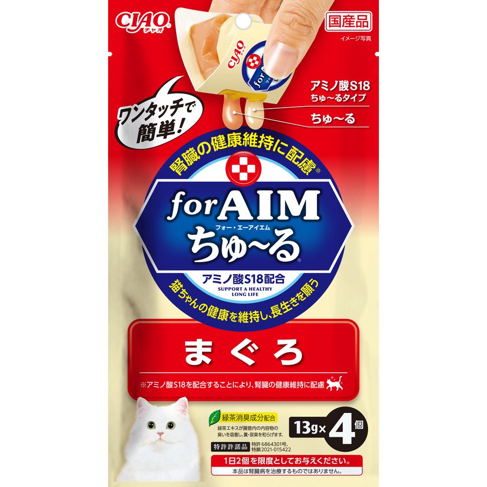 （まとめ買い）いなばペットフード CIAO forAIMワンタッチちゅ～る まぐろ 13g×4個 猫用おやつ 〔×16〕