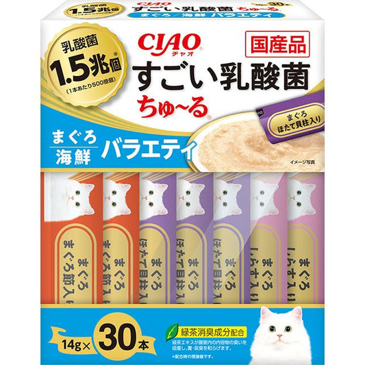 （まとめ買い）いなばペットフード CIAO すごい乳酸菌ちゅ～る まぐろ・海鮮バラエティ 14g×30本 猫用おやつ 〔×3〕