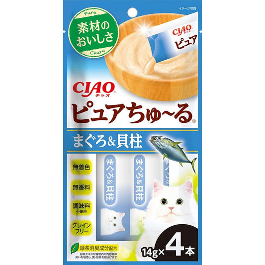 （まとめ買い）いなばペットフード CIAO ピュアちゅ～る まぐろ＆貝柱 14g×4本 猫用おやつ 〔×20〕