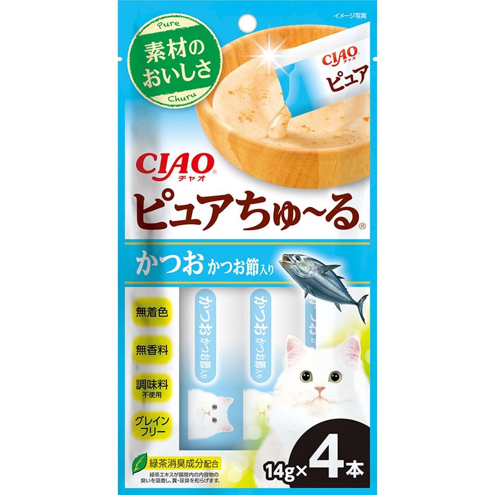 （まとめ買い）いなばペットフード CIAO ピュアちゅ～る かつお かつお節入り 14g×4本 猫用おやつ 〔×20〕