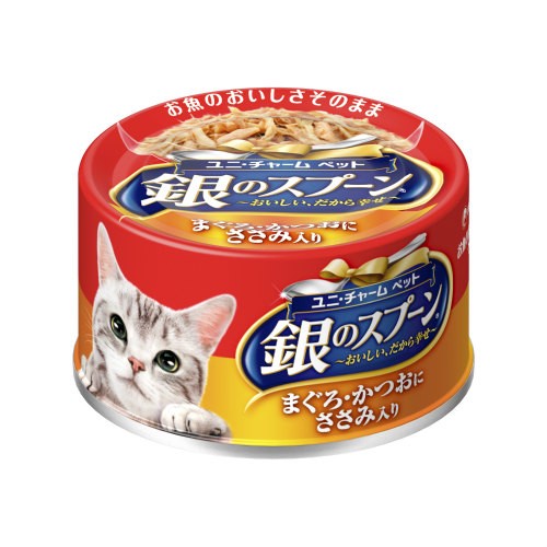 （まとめ買い）銀のスプーン缶 まぐろ・かつおにささみ入り 70g 猫用缶詰 キャットフード 〔×24〕