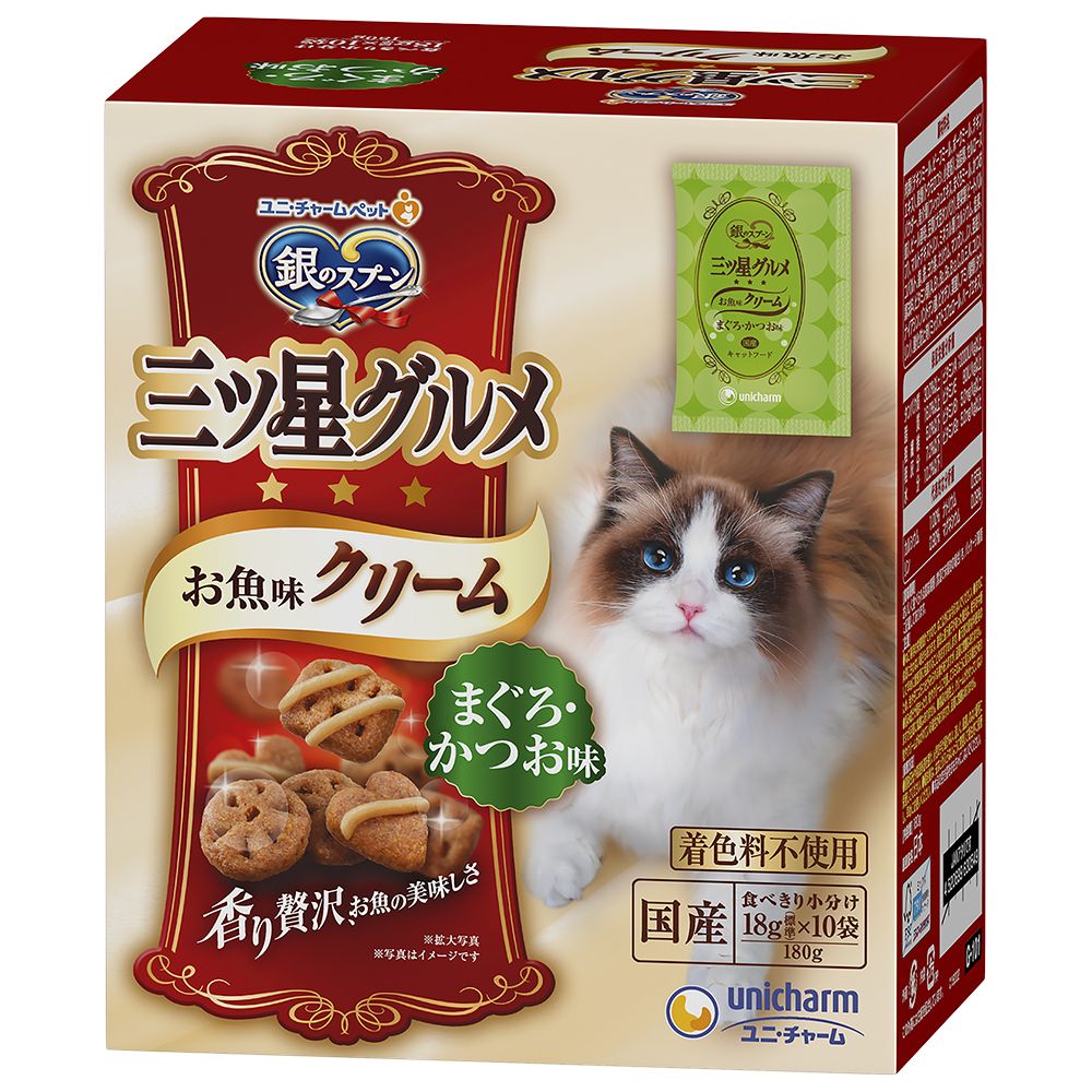 （まとめ買い）ユニ・チャーム 銀のスプーン 三ツ星グルメ お魚味クリーム まぐろ・かつお味 180g 猫用フード 〔×12〕