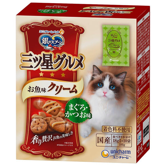 （まとめ買い）ユニ・チャーム 銀のスプーン 三ツ星グルメ お魚味クリーム まぐろ・かつお味 180g 猫用フード 〔×12〕