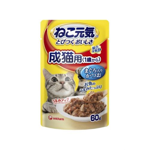 （まとめ買い）ねこ元気 総合栄養食 パウチ 成猫用(１歳から) まぐろ入りかつお 60g キャットフード 〔×60〕