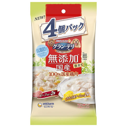 （まとめ買い）ユニ・チャーム グラン・デリ 無添加仕立て 国産パウチ 成犬用 ビーフ入り×ナチュラルチーズ入り 70g×4個 〔×9〕