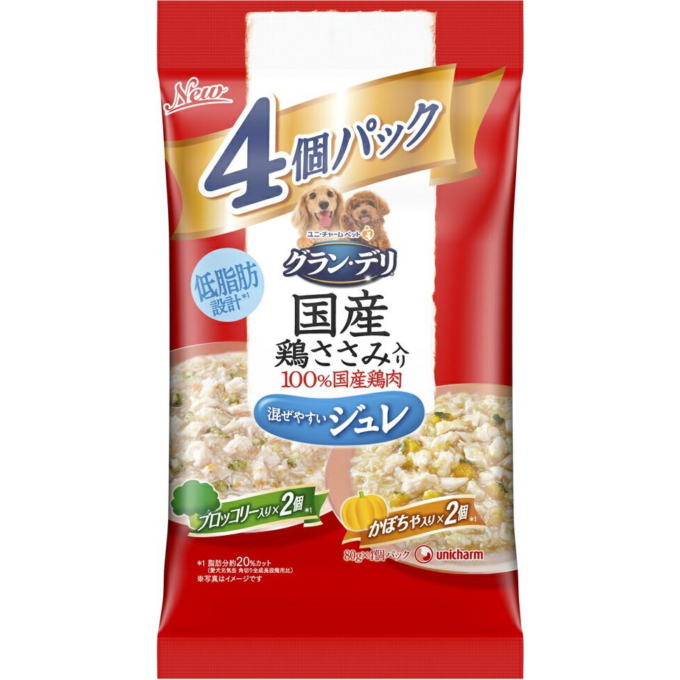 （まとめ買い）ユニ・チャーム グラン・デリ 国産鶏ささみパウチ ジュレ 成犬用バラエティ ブロッコリー入り、かぼちゃ入り 80gx4個 〔×8〕