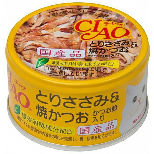 （まとめ買い）いなば チャオ とりささみ＆焼かつお かつお節入り 85ｇ 猫用缶詰 キャットフード 〔×24〕