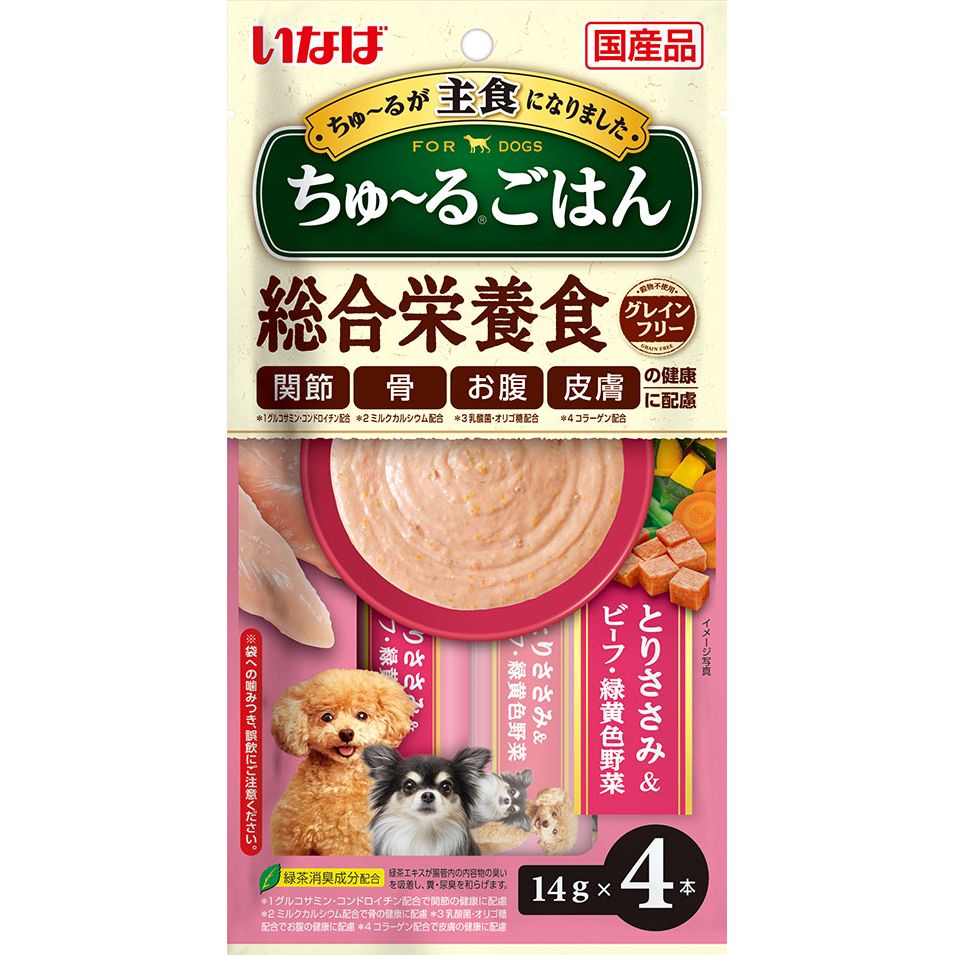 （まとめ買い）いなばペットフード ちゅ～るごはん とりささみ&ビーフ・緑黄色野菜 14g×4本 〔×16〕