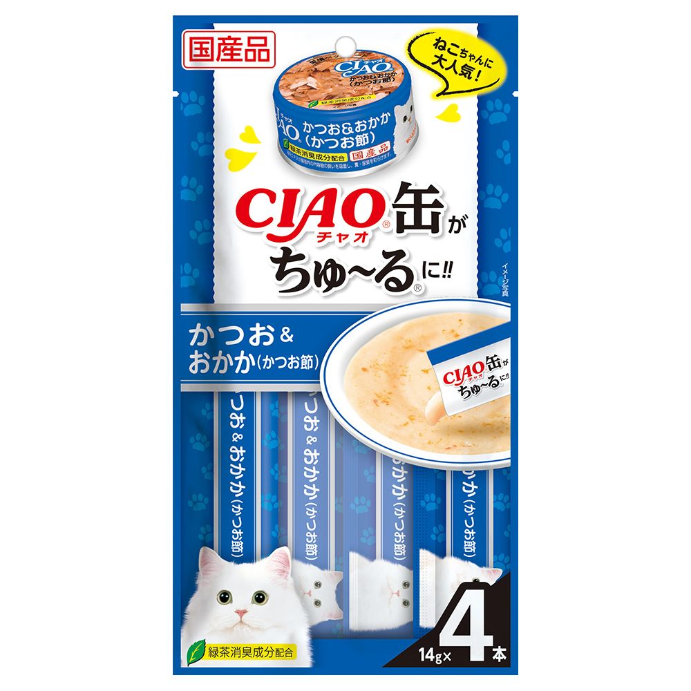 （まとめ買い）いなばペットフード CIAO缶ちゅ～る かつお&おかか(かつお節) 14g×4本 猫用おやつ 〔×16〕