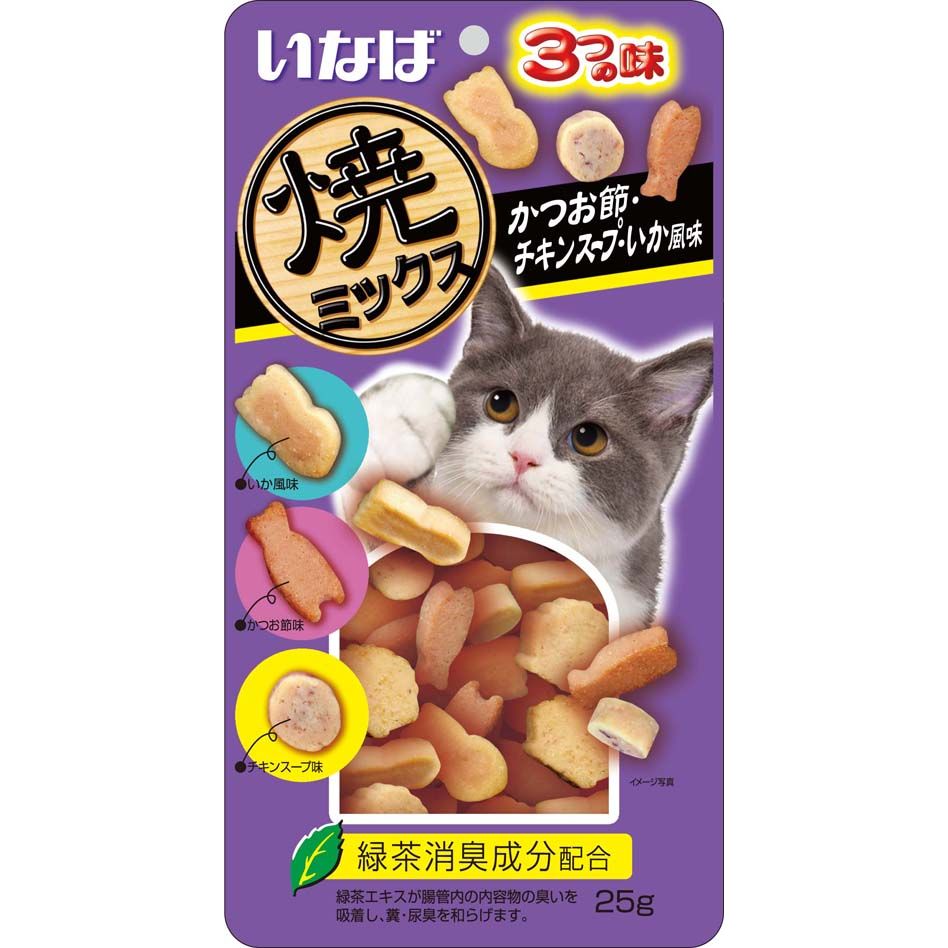 （まとめ買い）いなばペットフード 焼ミックス3つの味 かつお節・チキンスープ・いか風味 25g QSC-122 猫用 〔×24〕