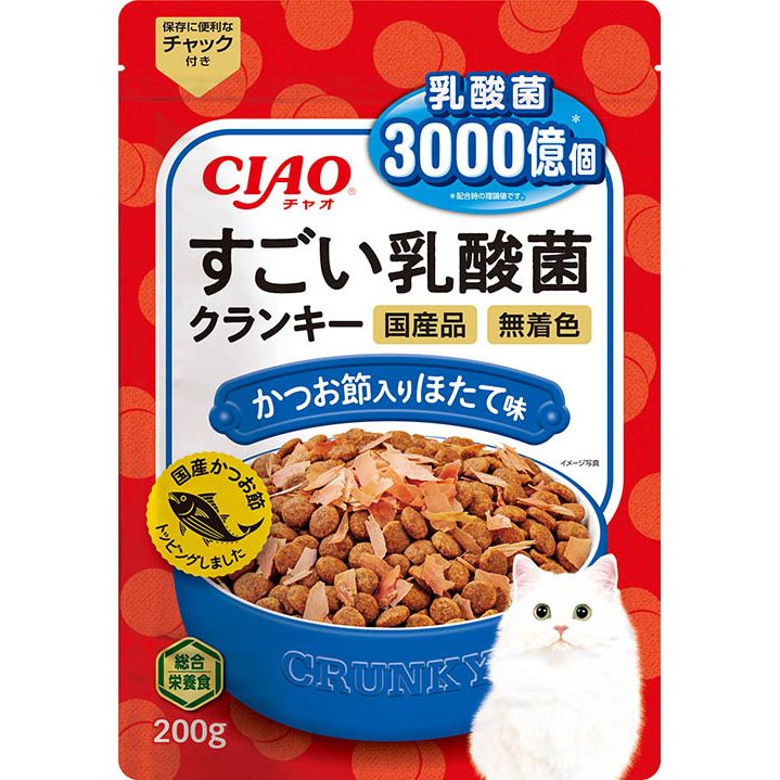 （まとめ買い）いなばペットフード CIAO すごい乳酸菌クランキー かつお節入り ほたて味 200g 猫用フード 〔×12〕