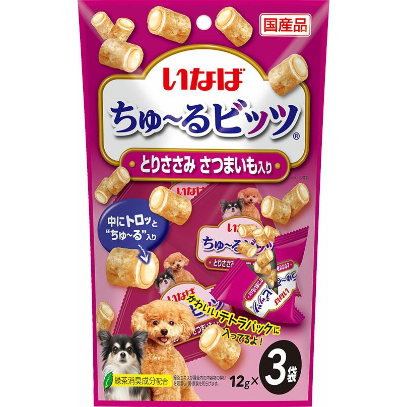 （まとめ買い）いなばペットフード ちゅ～るビッツ とりささみ さつまいも入り 12g×3袋 犬用おやつ 〔×16〕