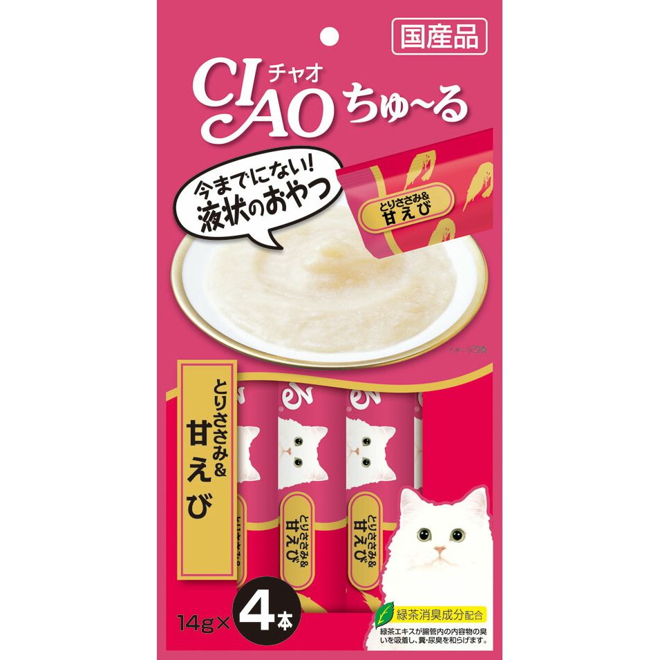 （まとめ買い）いなばペットフード CIAO ちゅ～る とりささみ＆甘えび 14g×4本 SC-142 猫用 〔×24〕