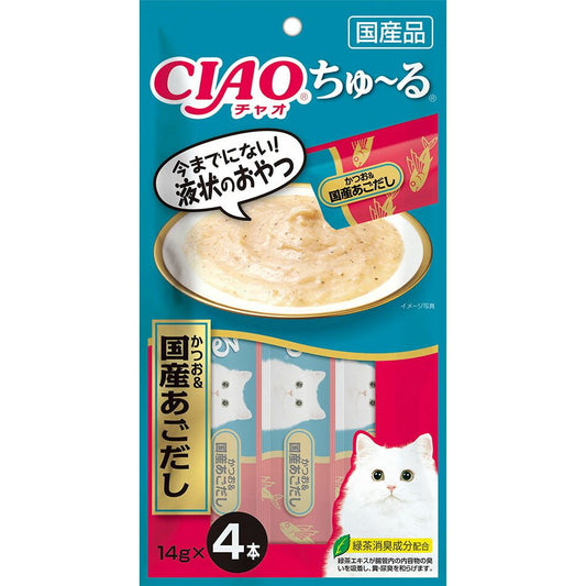 （まとめ買い）いなばペットフード CIAO ちゅ～る かつお&国産あごだし 14g×4本 猫用おやつ 〔×24〕