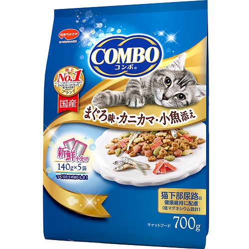 （まとめ買い）日本ペット コンボ キャット まぐろ味・カニカマ・小魚添え 700g 猫用 キャットフード 〔×6〕