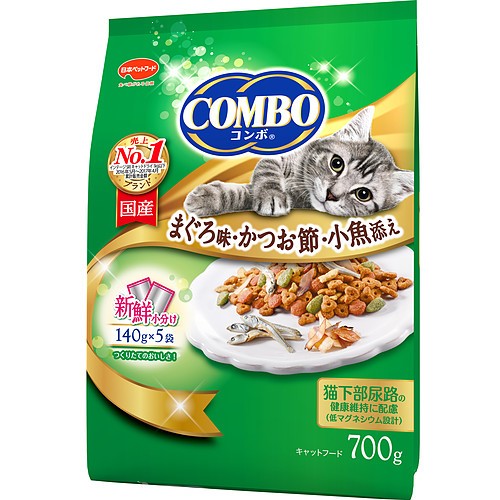 （まとめ買い）日本ペット コンボ キャット まぐろ味・かつおぶし・小魚添え 700g 猫用 キャットフード 〔×6〕