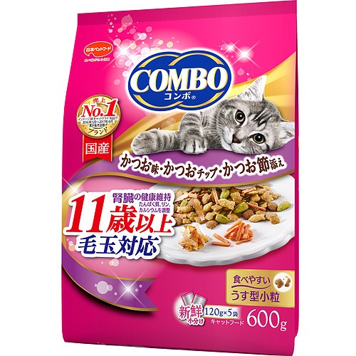 （まとめ買い）日本ペット コンボ キャット 毛玉対応11歳以上 かつお味・かつおチップ・かつおぶし添え 600g 猫用 キャットフード 〔×6〕