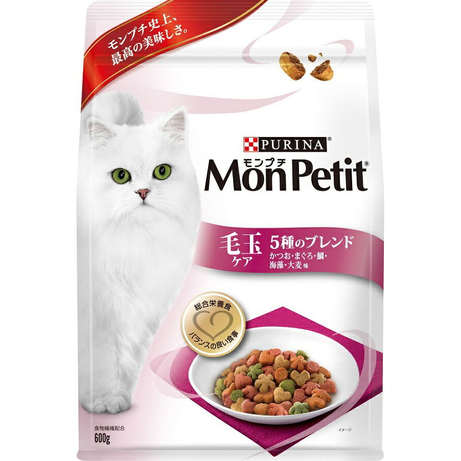 モンプチ バッグ 毛玉ケア 5種ブレンド かつお・まぐろ・鯛・海藻・大麦味 600g 猫用 キャットフード