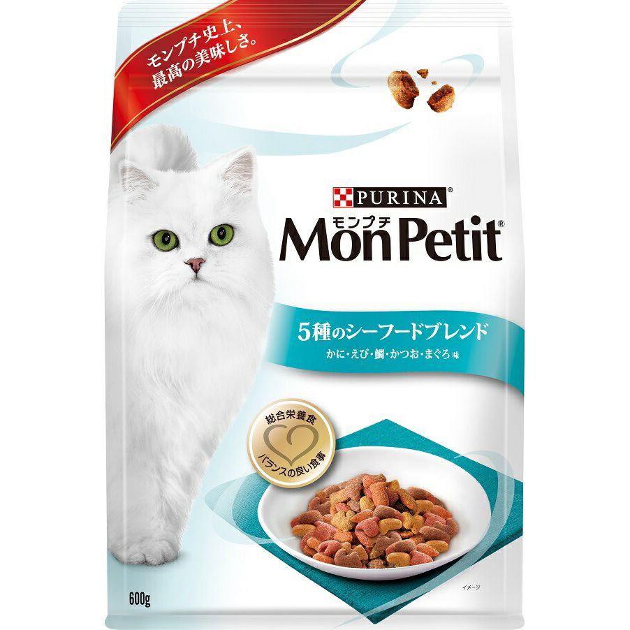 （まとめ買い）モンプチ バッグ 5種のシーフードブレンド かに・えび・鯛・かつお・まぐろ味 600g 猫用 キャットフード 〔×6〕