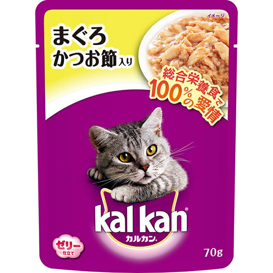 （まとめ買い）マース カルカン パウチ 1歳から ゼリー仕立て まぐろ かつお節入り 70g 猫用フード 〔×40〕