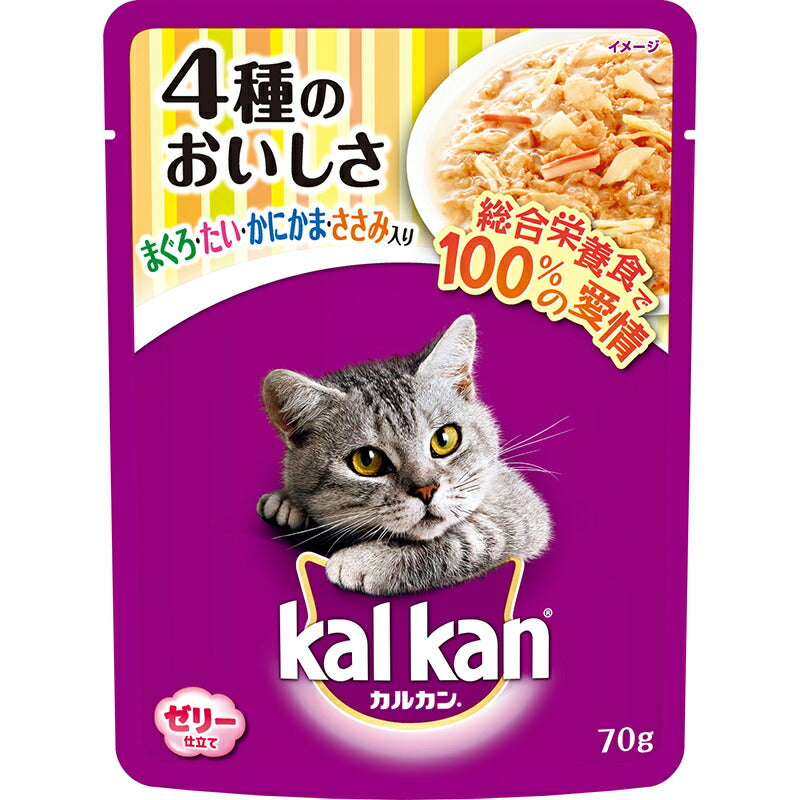 （まとめ買い）マース カルカン パウチ 1歳から ゼリー仕立て 4種のおいしさ まぐろ・たい・かにかま・ささみ入り 70g 〔×40〕