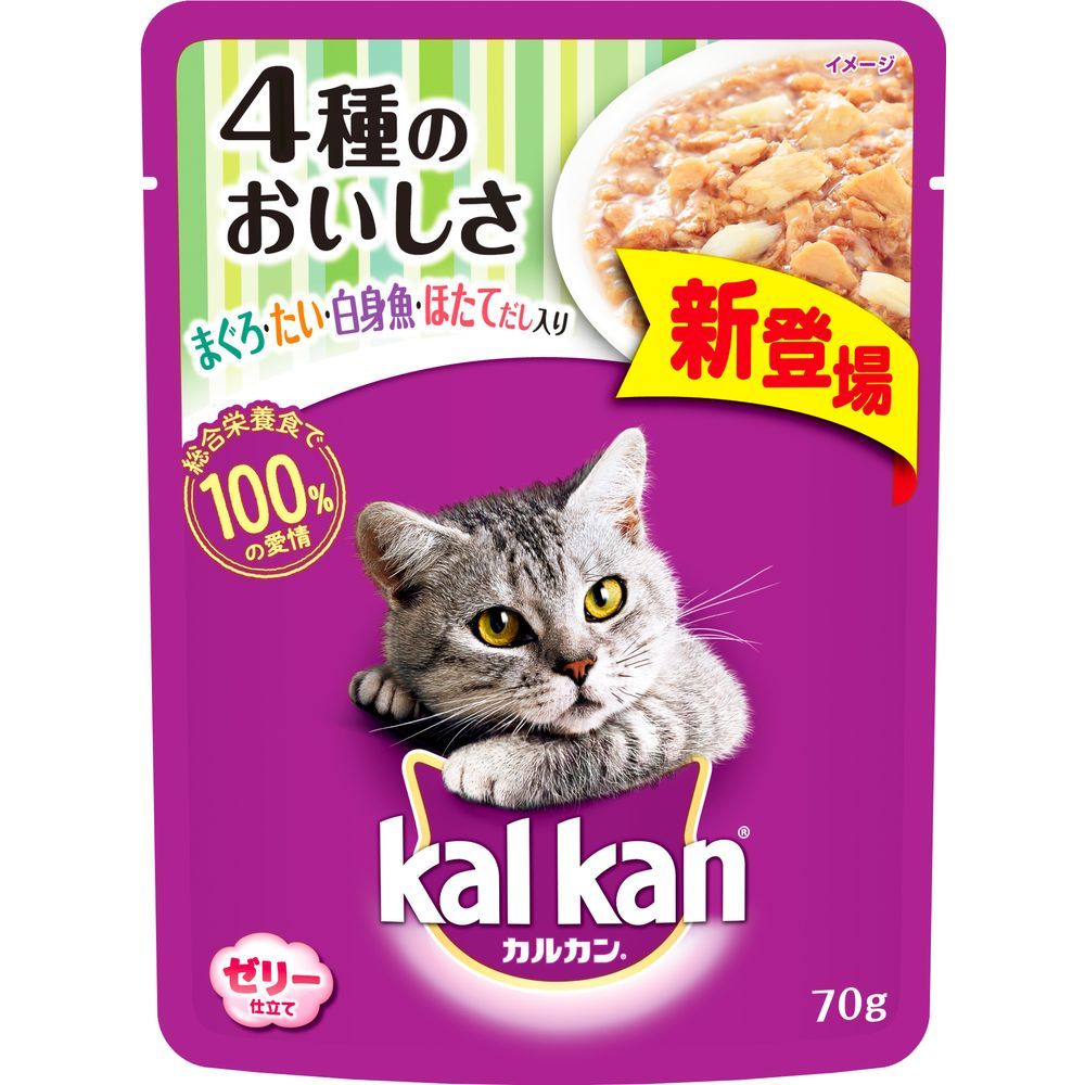 マース カルカン パウチ 4種のおいしさ まぐろ・たい・白身魚・ほたてだし入り 70g 猫用フード